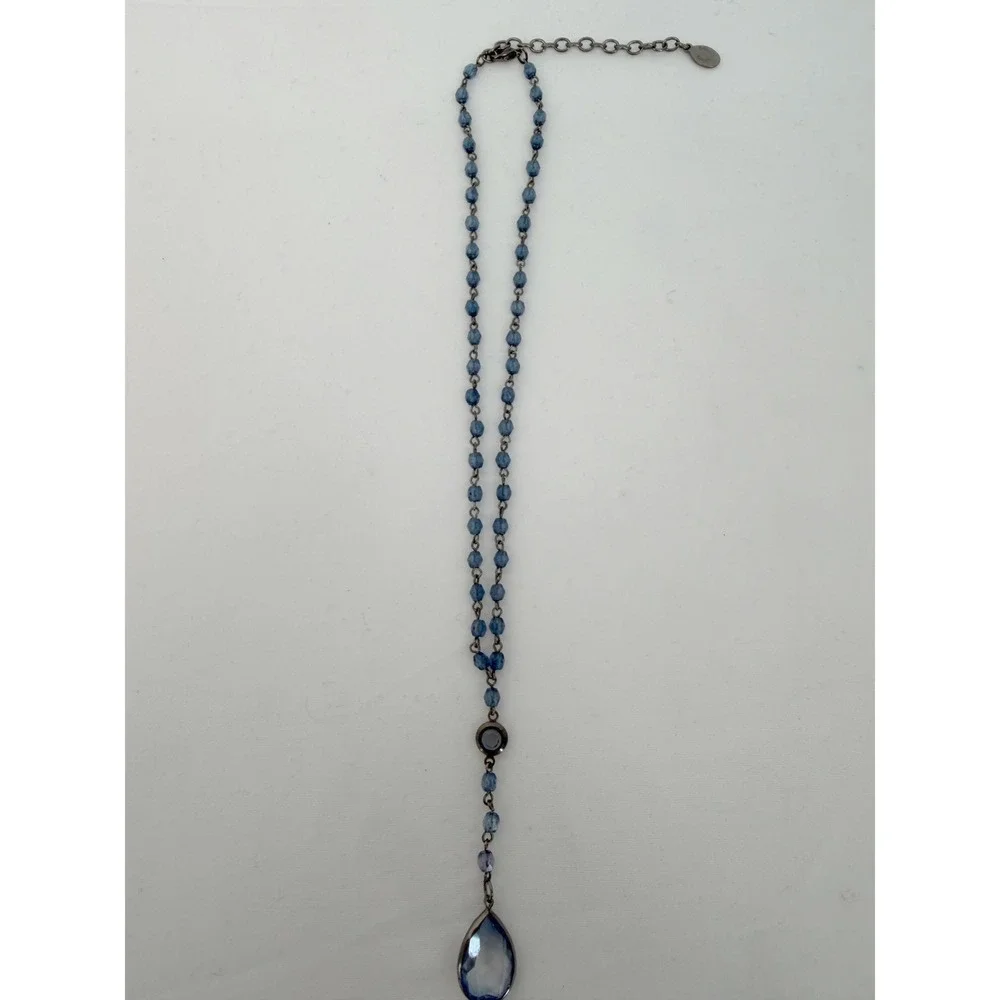 Robert Rose Blue Beaded Y-Necklace Gunmetal Tone Teardrop Pendant Chic 103-226